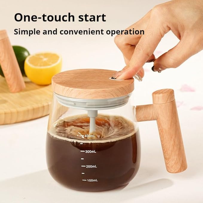 Sipstories SmartStir Electric Self-Stirring Glass Mug – 400ml Automatic Mixing Cup with Wooden Handle & Leak-Proof Lid