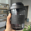 Sipstories 400ml Diamond Texture Glass Travel Mug – Heat-Resistant Borosilicate Sipper with Leak-Proof Lid & Leather Carry Belt (Midnight Black)