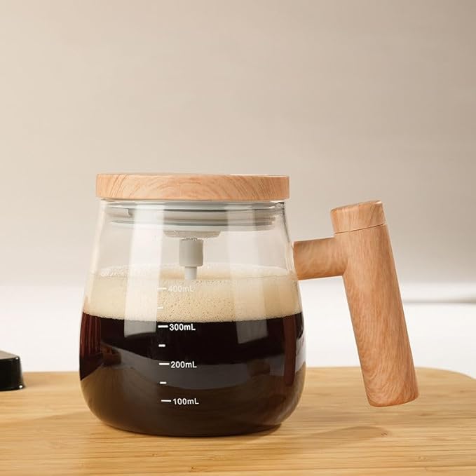 Sipstories SmartStir Electric Self-Stirring Glass Mug – 400ml Automatic Mixing Cup with Wooden Handle & Leak-Proof Lid