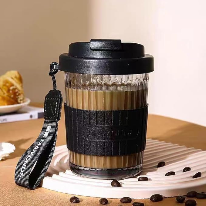 Sipstories 400ml Diamond Texture Glass Travel Mug – Heat-Resistant Borosilicate Sipper with Leak-Proof Lid & Leather Carry Belt (Midnight Black)