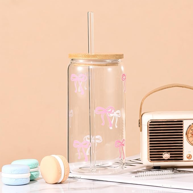 Sipstories Cute Pink Bow Glass Tumbler – Girly Aesthetic Iced Coffee Mug – Perfect Gift for Girls & Women (16oz)