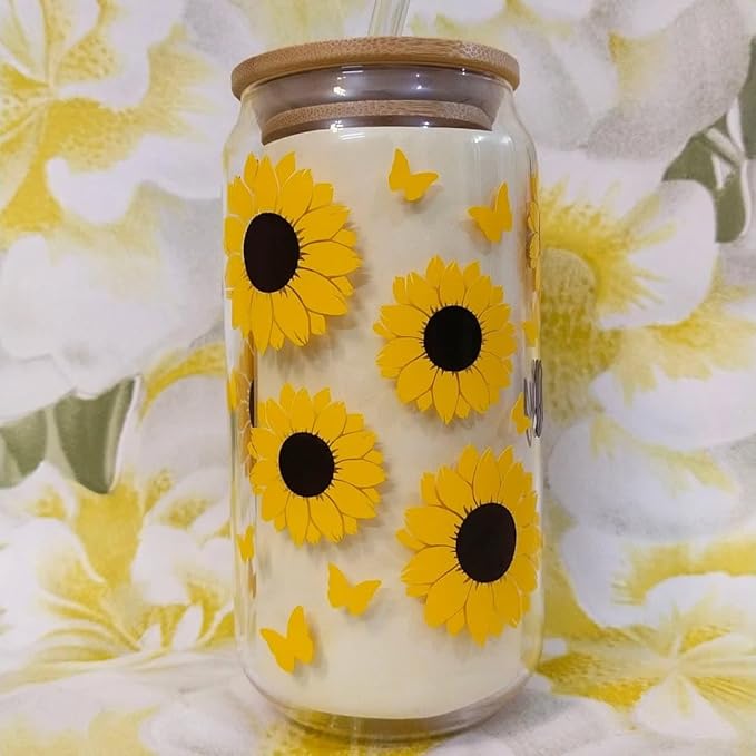 Sipstories Personalized Sunflower & Butterfly Glass Tumbler – Handmade Floral Edition with Bamboo Lid & Straw (Available in 350ml & 550ml)