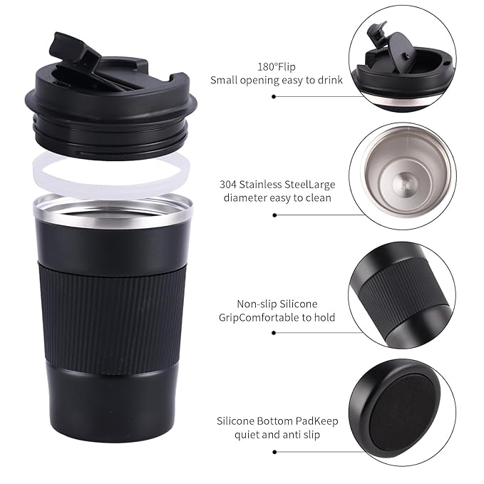500 ml Insulated Coffee Travel Mug, Double Walled Stainless Steel Tumbler, Insulated Cup with Leakproof Lid, Thermal Mug with Non-Slip Protective Cover