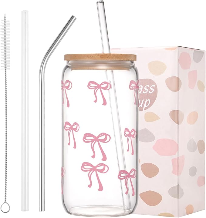 Sipstories Cute Pink Bow Glass Tumbler – Girly Aesthetic Iced Coffee Mug – Perfect Gift for Girls & Women (16oz)