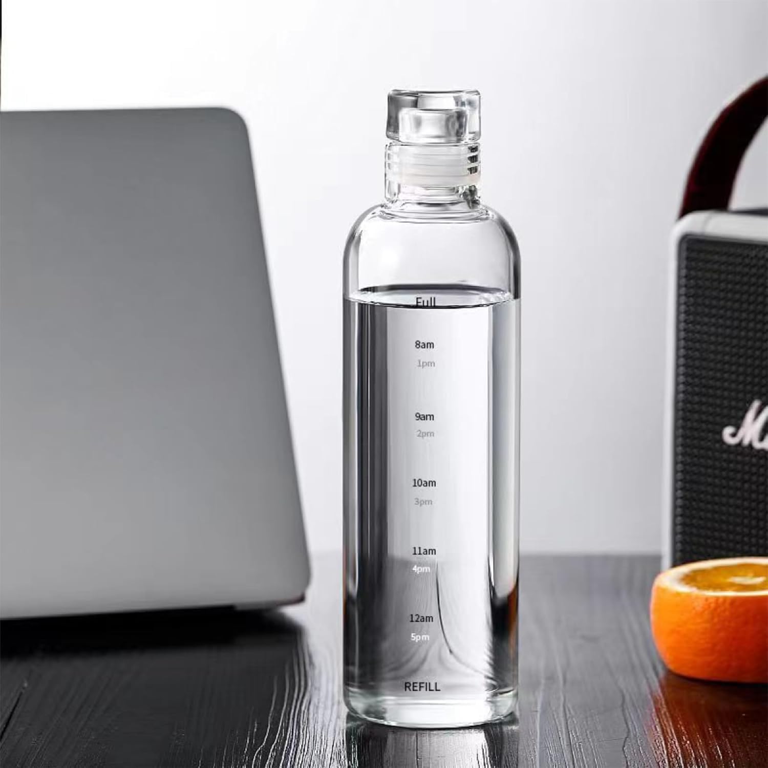 Sipstories 500ml Glass Water Bottle with Time Marker – Leakproof & BPA-Free – Ideal for Water, Juice & Lassi (White Edition)