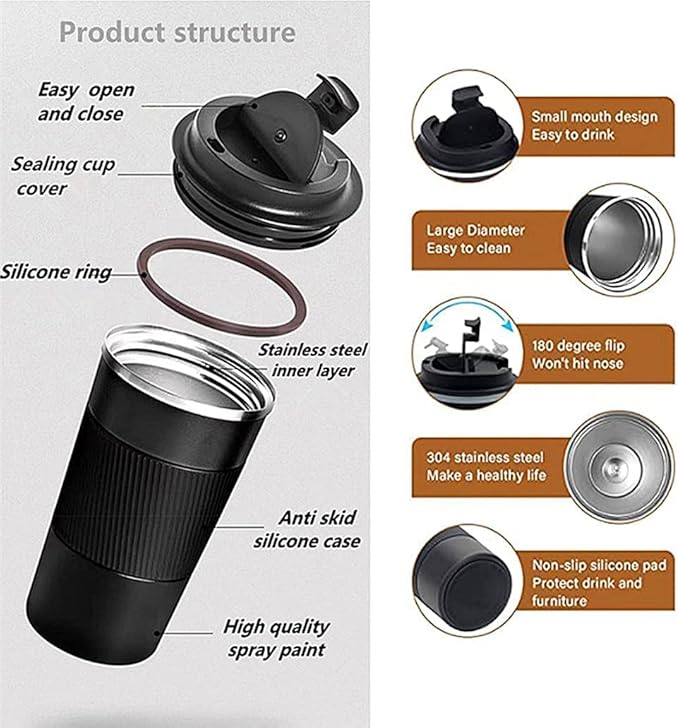 500 ml Insulated Coffee Travel Mug, Double Walled Stainless Steel Tumbler, Insulated Cup with Leakproof Lid, Thermal Mug with Non-Slip Protective Cover
