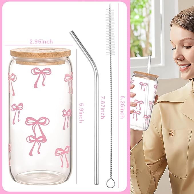 Sipstories Cute Pink Bow Glass Tumbler – Girly Aesthetic Iced Coffee Mug – Perfect Gift for Girls & Women (16oz)