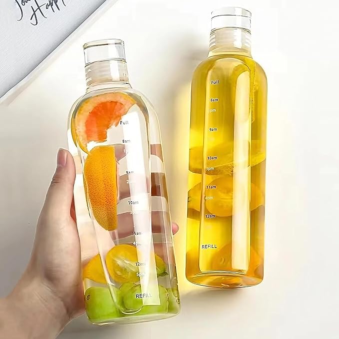 Sipstories 1000ML Premium Glass Water Bottle – Large All-Day Hydration Bottle with Time Marker – Leakproof & BPA-Free (Transparent)