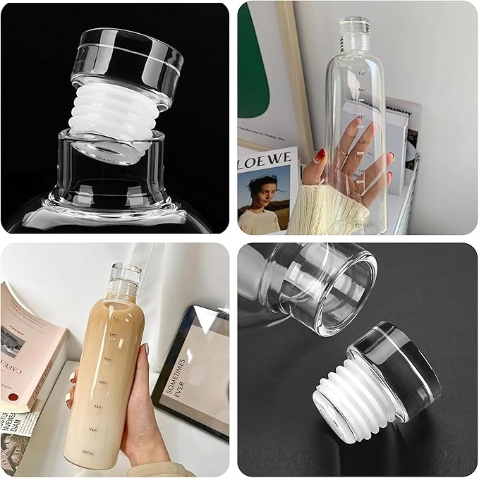 Sipstories 1000ML Premium Glass Water Bottle – Large All-Day Hydration Bottle with Time Marker – Leakproof & BPA-Free (Transparent)