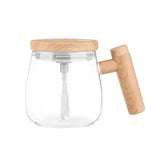 Sipstories SmartStir Electric Self-Stirring Glass Mug – 400ml Automatic Mixing Cup with Wooden Handle & Leak-Proof Lid
