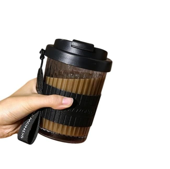 Sipstories 400ml Diamond Texture Glass Travel Mug – Heat-Resistant Borosilicate Sipper with Leak-Proof Lid & Leather Carry Belt (Midnight Black)