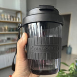 Sipstories 400ml Diamond Texture Glass Travel Mug – Heat-Resistant Borosilicate Sipper with Leak-Proof Lid & Leather Carry Belt (Midnight Black)