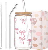 Sipstories Cute Pink Bow Glass Tumbler – Girly Aesthetic Iced Coffee Mug – Perfect Gift for Girls & Women (16oz)