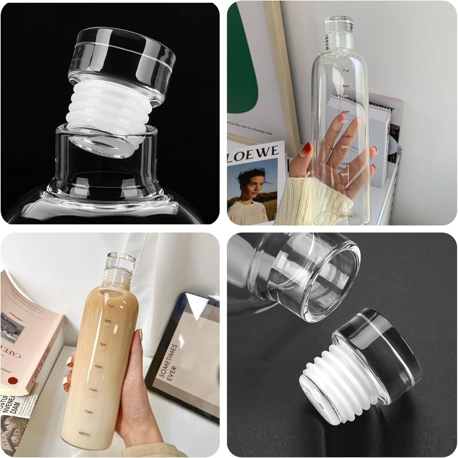 Sipstories 500ml Glass Water Bottle with Time Marker – Leakproof & BPA-Free – Ideal for Water, Juice & Lassi (White Edition)