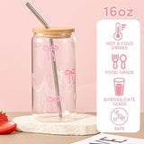 Sipstories Cute Pink Bow Glass Tumbler – Girly Aesthetic Iced Coffee Mug – Perfect Gift for Girls & Women (16oz)