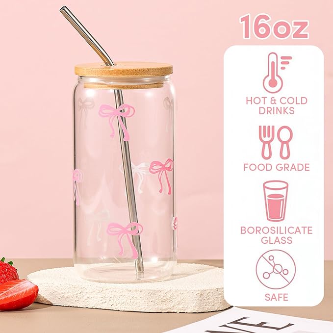 Sipstories Cute Pink Bow Glass Tumbler – Girly Aesthetic Iced Coffee Mug – Perfect Gift for Girls & Women (16oz)