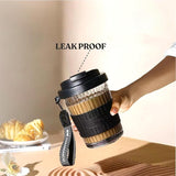 Sipstories 400ml Diamond Texture Glass Travel Mug – Heat-Resistant Borosilicate Sipper with Leak-Proof Lid & Leather Carry Belt (Midnight Black)