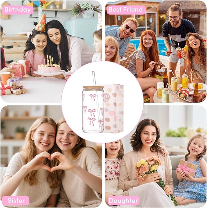 Sipstories Cute Pink Bow Glass Tumbler – Girly Aesthetic Iced Coffee Mug – Perfect Gift for Girls & Women (16oz)